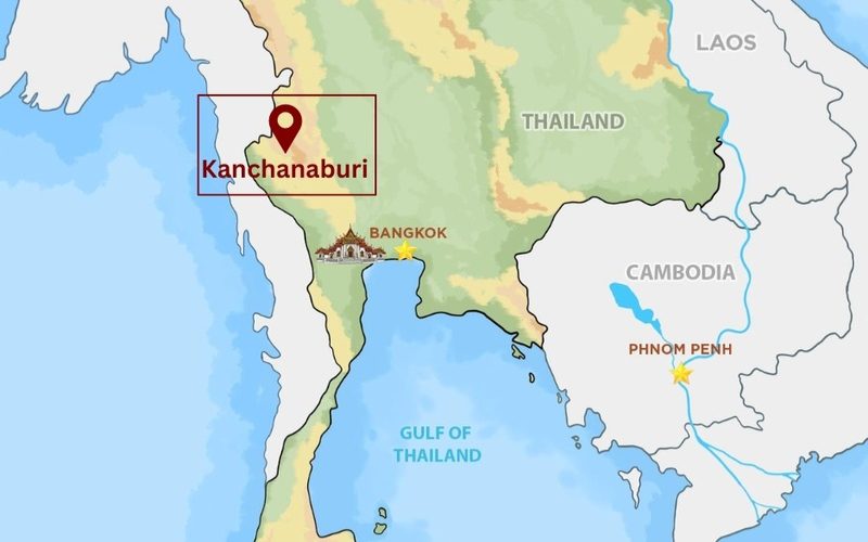 Carte de la Thaïlande montrant l’emplacement de Kanchanaburi à l’ouest du pays, près de la frontière avec le Myanmar, avec Bangkok, Vientiane, Hanoï et Phnom Penh