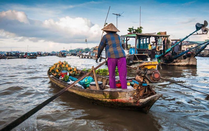 Femme en chapeau conique ramant sur une barque chargée de fruits tropicaux au marché flottant de Ngã Bảy, au cœur du delta du Mékong, entourée d’autres bateaux de commerce sur l’eau