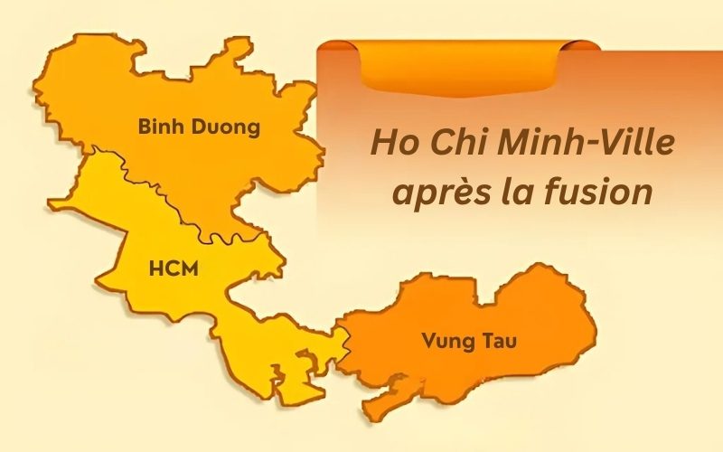 Carte illustrant la ville de Ho Chi Minh après la fusion, incluant les régions de Binh Duong, Ho Chi Minh Ville et Vung Tau.
