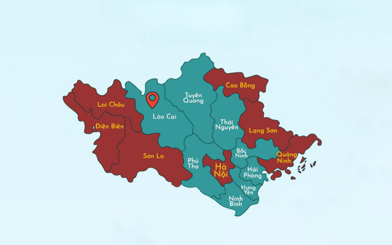 Carte illustrée des provinces du Nord du Vietnam, mettant en évidence Lào Cai par un repère rouge, avec les provinces voisines comme Lai Châu, Yên Bái, Hà Giang et Tuyên Quang