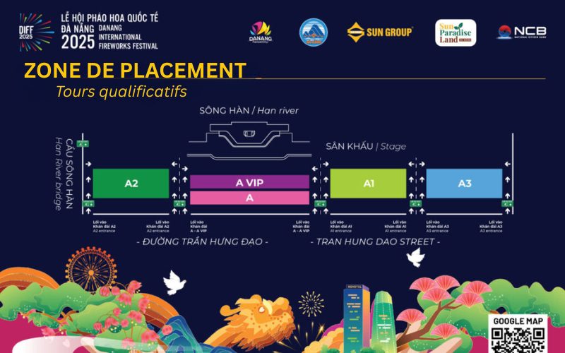 Plan des zones de placement pour les tours qualificatifs du Festival International de Feux d’Artifice de Da Nang 2025, montrant les tribunes A1, A2, A3, A et A VIP