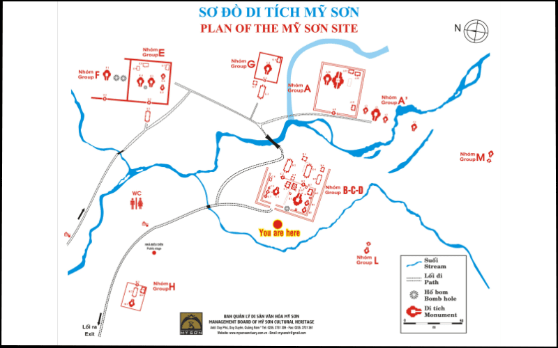 Carte du site archéologique de My Son, indiquant les groupes de monuments, les sentiers, les cours d'eau et les points d'intérêt principaux