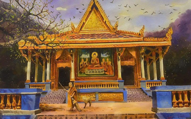 Peinture représentant un temple bouddhiste doré et richement décoré, avec une fresque de Bouddha au centre. Devant les marches, un moine en robe safran marche avec un chien, tandis que des oiseaux volent dans le ciel au crépuscule