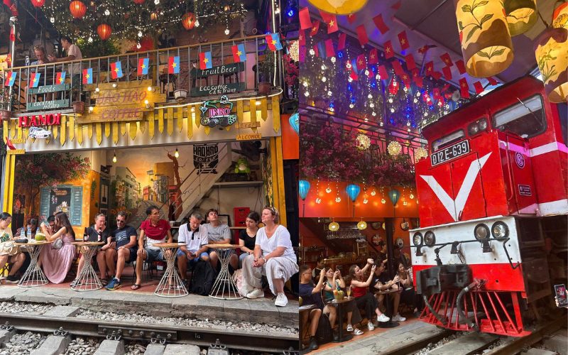 Deux scènes animées de la célèbre rue du train à Hanoï : à gauche, des touristes assis devant un café coloré en attendant le passage du train ; à droite, un train rouge emblématique traverse une ruelle étroite bordée de lanternes et de visiteurs émerveillés