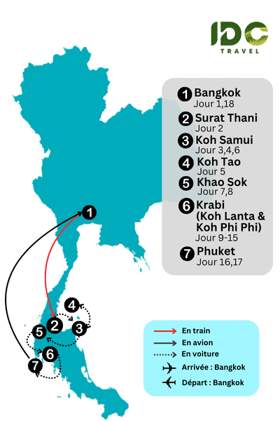 Itinéraire "Séjour de rêve en Thaïlande en 18 jours" avec Bangkok, Koh Samui, Khao Sok, Koh Lanta, Phuket