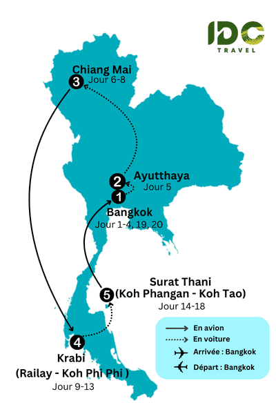 Itinéraire Thailande 20 jours avec des étapes principales: Bangkok, Ayutthaya, Chiang Mai, Krabi, Surat Thani