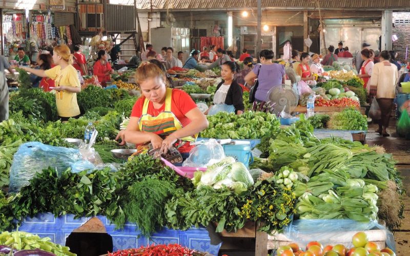Scène animée à Tatlat Sao, où des vendeuses en tablier proposent une grande variété de légumes frais, herbes aromatiques et piments rouges, dans une ambiance colorée et authentique typique du quotidien laotien