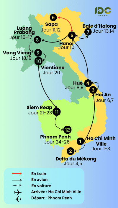 Itinéraire "Voyage combiné Vietnam, Laos et Cambodge en 26 jours"
