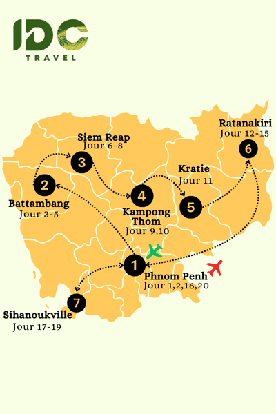 Itinéraire Cambodge 20 jours avec des étapes principales: Phnom Penh, Battambang, Siem Reap, Kampong Thom, Kratie, Ratanakiri, Sihanoukville