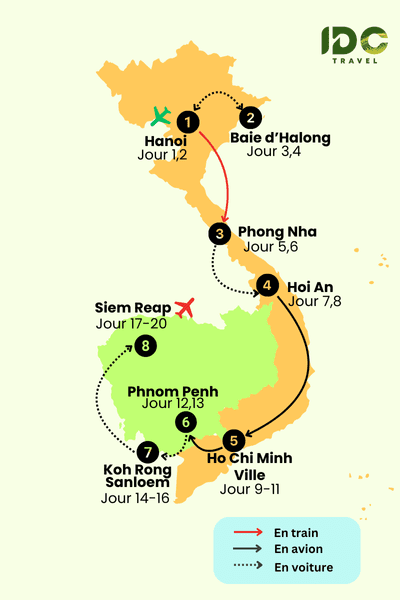 Itinéraire Cambodge Vietnam 20 jours avec des étapes principales: Hanoi, Halong, Phong Nha, Hoi An, Ho Chi Minh, Phnom Penh, Koh Rong Sanloem, Siem Reap