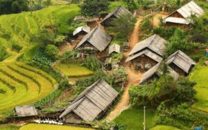 Village traditionnel niché au cœur des rizières en terrasses verdoyantes du nord du Vietnam, avec plusieurs maisons en bois aux toits inclinés, des sentiers en terre et un paysage rural paisible entouré de végétation luxuriante.