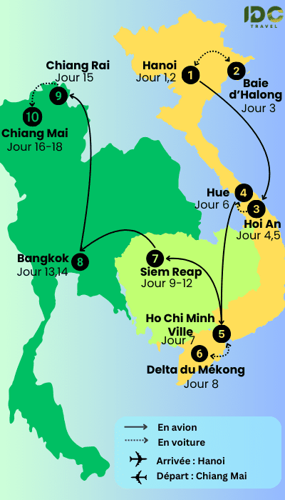 Itinéraire avec des étapes principales : Hanoi, Halong, Hoi An, Hue, Ho Chi Minh, Delta du Mékong, Siem Reap, Bangkok, Chiang Rai, Chiang Mai