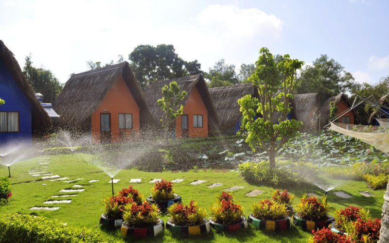 Petits bungalows aux toits de chaume dans un jardin verdoyant à Vinh Long, avec arrosage automatique, massifs de fleurs colorées et bassin de lotus en arrière-plan